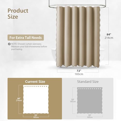 Dynamene Extra Long Scalloped Shower Curtain, Waffle Fabric, 72x84