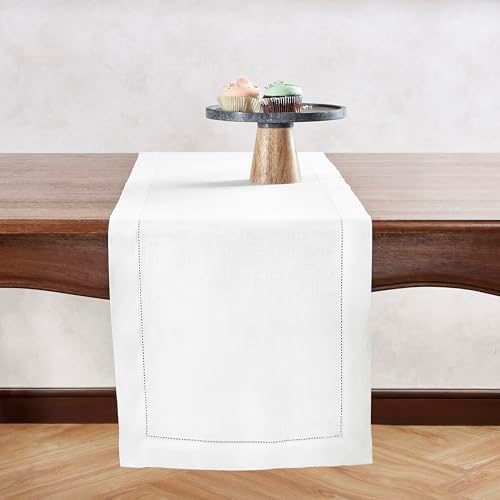 Home Ekaa 100% Pure Linen Hemstitch White Table Runner 120 Inch Long
