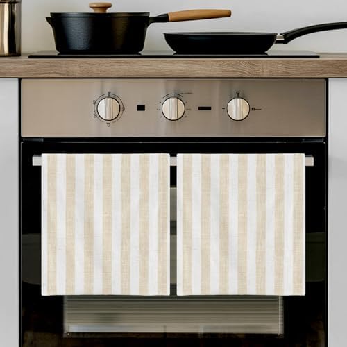Beige Striped Kitchen Towels Set of 3, Ultra Absorbent Dish Towels