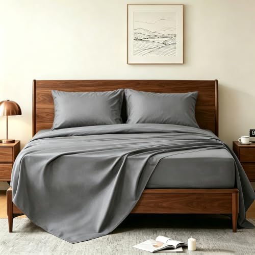 4-Pcs Dark Grey King Bed Sheet Set 100% Cotton 16" Deep Pocket