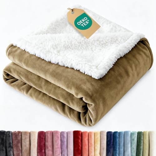 Sherpa Fleece Blanket Throw XL Size - Reversible Blanket - Camel, 50"