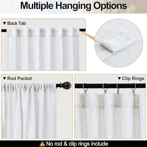 decorUhome Linen Semi Sheer Curtains 108 Inch Long, 2 Panels Light
