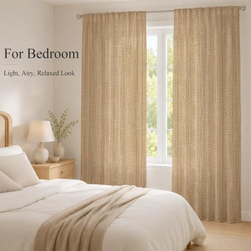 Sheer Curtains 108 Inch Length 2 Panels Beige Linen Texture Light