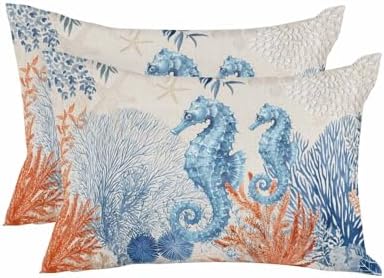 Throw Pillows 12x20 Set of 2, Blue Red Seahorse Coastal Waterproof