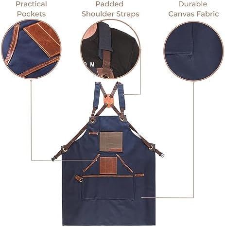 Cross Back Canvas Aprons With Pockets |Adjustable Leather Strap|Work