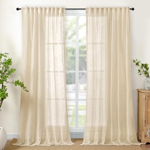 Tan Linen Semi Sheer Curtains for Farmhouse Living Room 52x84 Inch