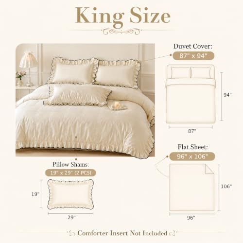 Ruffle Duvet Cover Set King, 4 Piece Luxury 100% Cotton Farmhouse