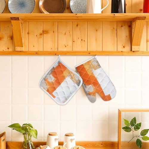 Quilted Cotton Terry Cloth Oven Mitt, Pot Holder Grey Orange Smear