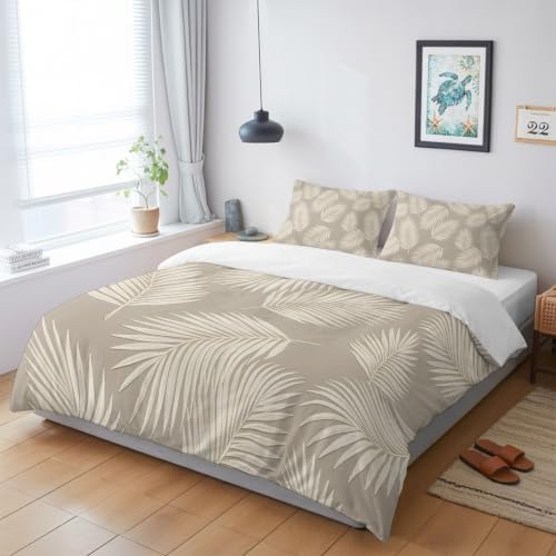 Taupe Palm Leaves Duvet Cover Queen Size, Tropical Plants Leaf Modern