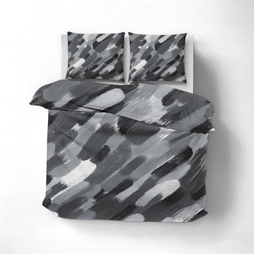 Grey Duvet Cover Queen Size, Abstract Brush Strokes Bedding Set