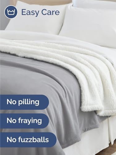 Sherpa Fleece Blanket Queen Size - Reversible Blanket - Grey, 90" x