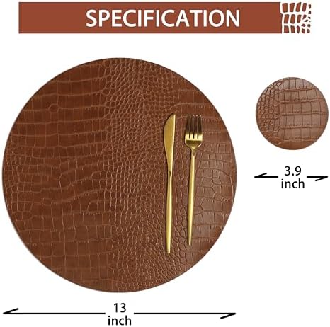 Round Leather Placemats for Round Tables Set of 6, Brown Table Place