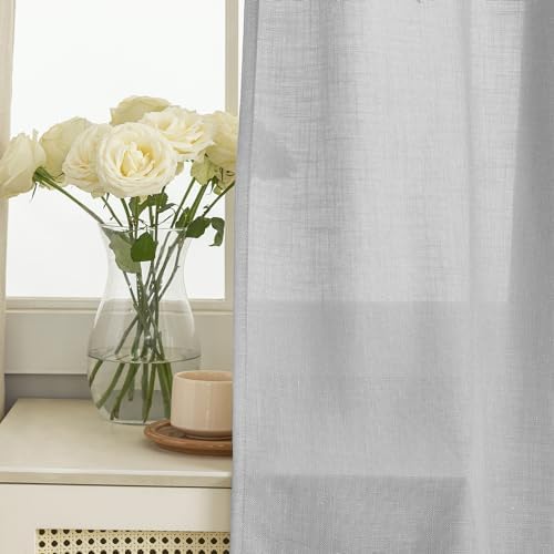 Linen Gray Grommet Curtains 63 Inch Length for Bedroom Boho Semi Sheer