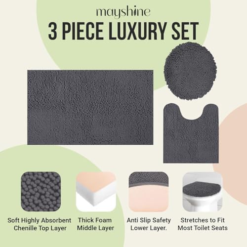 Standard 3pc Set Chenille Bath Mats, Includes 21"x24" U-Shaped Contour