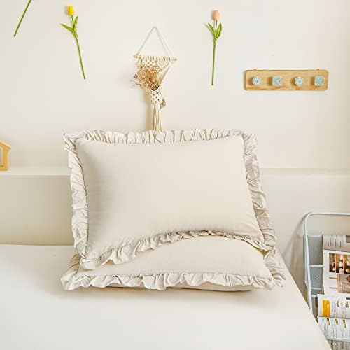 Cream King Ruffled Shams - Set of 2, Cute Solid Fringe Design, Beige
