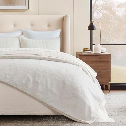 EVERGRACEHOME Mink Faux Fur Throw Blanket, Tipped Champagne Ivory