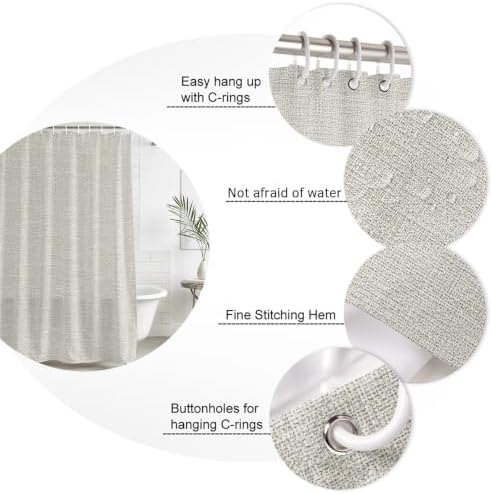 Shower Curtain Bathroom Set Beige Linen Texture Waterproof Fabric