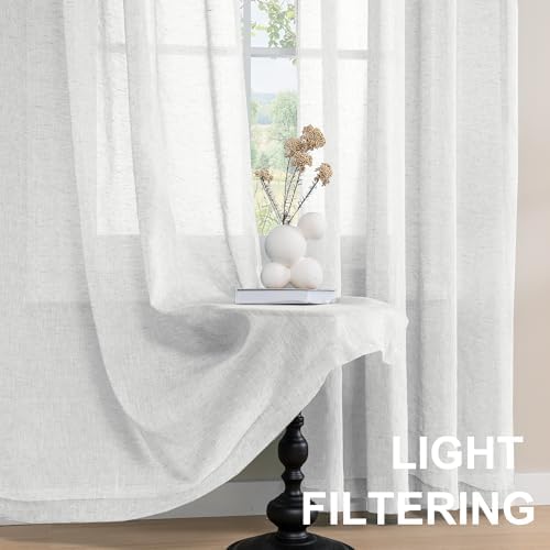 Turquoize White Linen Curtains 96 Inches Long Semi Sheer Curtains