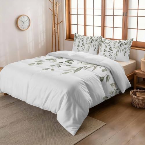 3 Pieces Bedding Set Queen Size, Eucalyptus Leaves Soft Duvet Covers