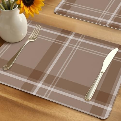 Placemats Set of 6, Minimalist Taupe Brown Plaid Faux Leather Placemat