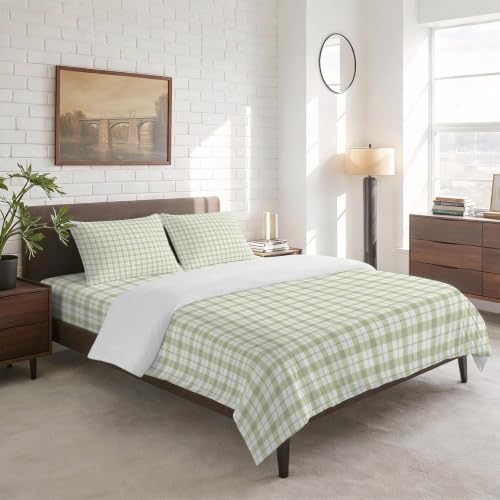 Green Plaid California King 4 Piece Duvet Cover Set, Classic Sage