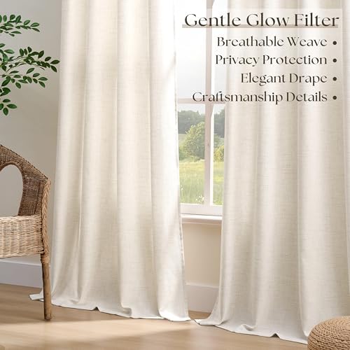 Linen Curtains 90 Inches Long Semi Sheer Ivory for Living Room