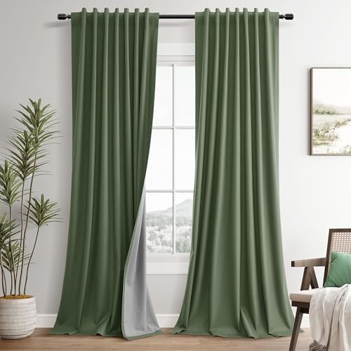 Olive Green 100% Blackout Linen Curtains for Bedroom 96 Inches Long 2