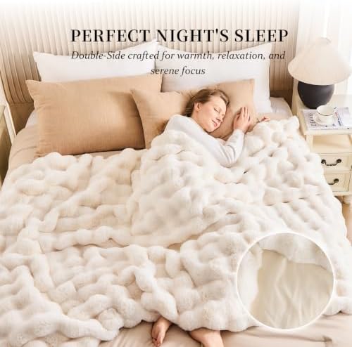 IKALIFE Cozy Bubble Faux Fur King Blanket for Bed, 90x108 Cream