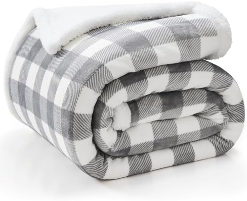 BEDELITE Grey Whtie Buffalo Plaid Sherpa Blanket, Fluffy Twin 60"x80"
