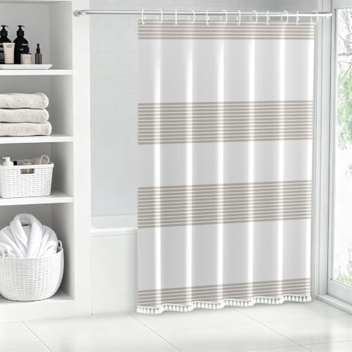 AOFOTO ‌Taupe and White Boho Tassel Shower Curtains, Striped Shower