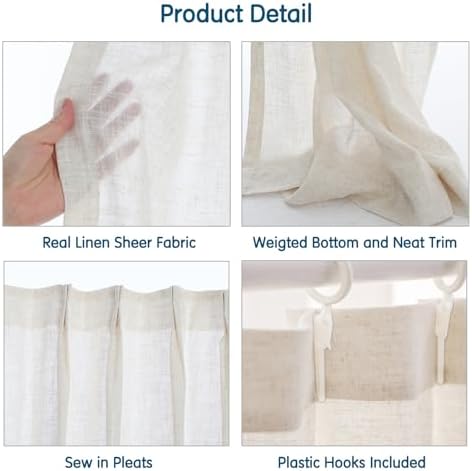 LETAU Long Linen Beige Sheer Curtains 120 inches, Pinch Pleated Light