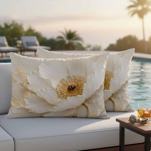 Cream Gold Flowers Outdoor Pillow Covers 20x12 Inch Lumbar Pillow