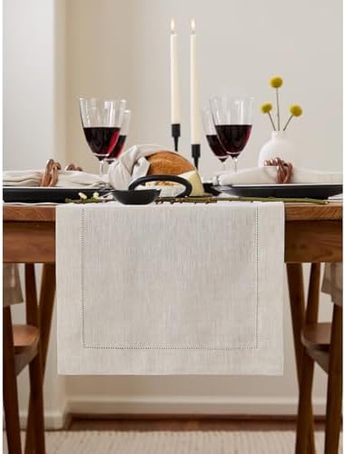 Solino Home 100% Linen Table Runner Natural, Classic Hemstitch