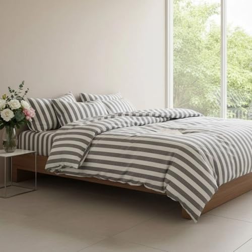 Striped King Duvet Cover Set 3-Piece, 100% Cotton Grey and White