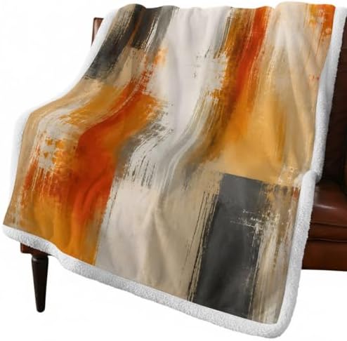 Fleece Sherpa Bed Blankets, Orange Beige Gray Microfiber Plush Flannel