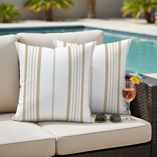 Outdoor Waterproof Pillow Covers 18x18 Inch Cream Stripes Pack of 2