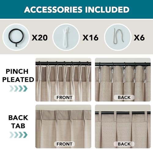 Pinch Pleated Faux Linen Curtains 96" Taupe Light Filtering Drapes