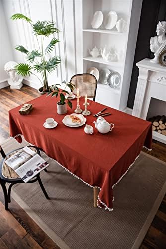 Linen Cotton Fabric Table Cloth with Pompons for Retangular Square