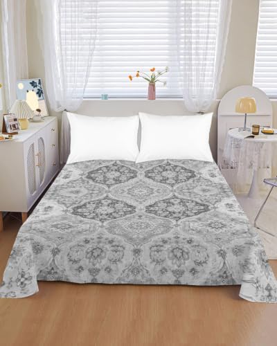 Cal King Size Flat Sheet Only, Vintage Gray Flower Texture Bed Top