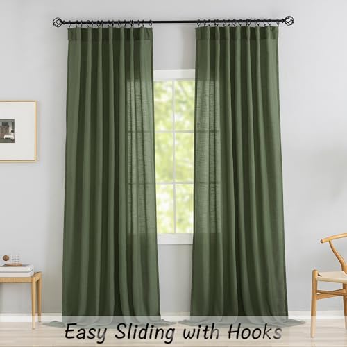 Olive Green Linen Back Tab Curtains 96 Inches Long 2 Panels Set for