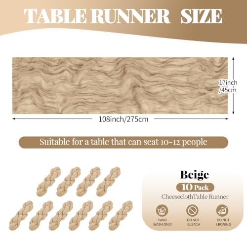 10 Pack Beige Cheesecloth Table Runner 17x108 Inch Boho Gauze Cheese