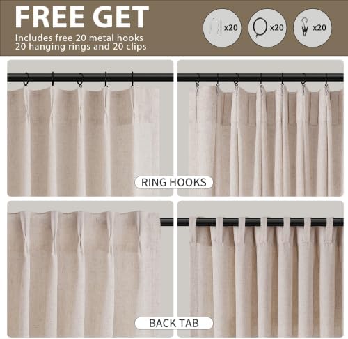 Cream Beige Pinch Pleated Linen Curtains 63 Inches Long 2 Panels for
