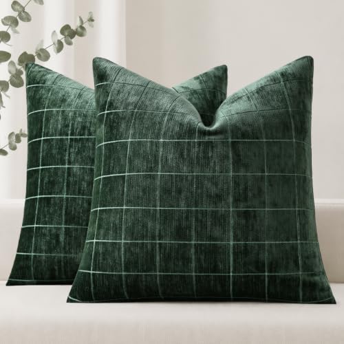 decorUhome Fall Plaid Moss Green Throw Pillow Covers 18x18 Set of 2