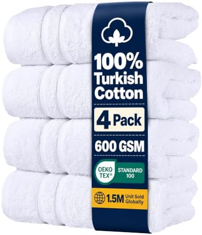 Hawmam Linen Hand Towels for Bathroom, Turkish Cotton, 4 Pack, White