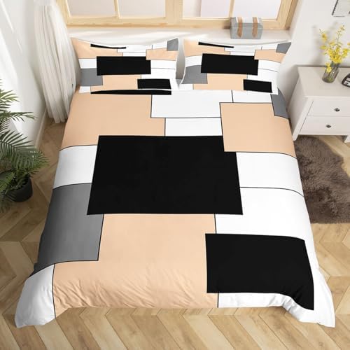 Homewish Black White Khaki Duvet Cover Set King Size,Modern Geometric