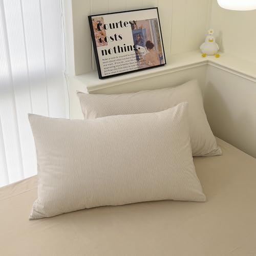 mixinni Tan Striped Duvet Cover Full Size - 100% Washed Cotton Beige