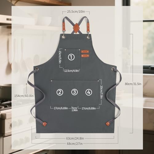 Chef Aprons for Men Women with Large Pockets, Cotton Canvas Water