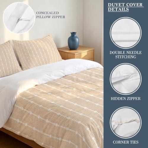 Beige Striped Duvet Cover Set 3 Pieces with Zipper Closure, Modern