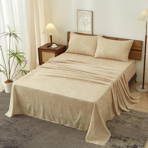 HYPREST Beige Sheets California King, 18" Deep Pocket, Floral Pattern