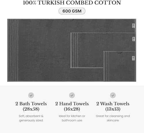 BW Luxe Home Bath Towel Set, 6-Piece, 100% Turkish Cotton, 600 GSM